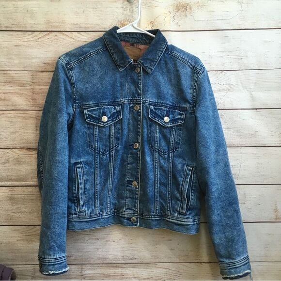 AMERICAN EAGLE JEAN JACKET‎ WITH PLAID FLANNEL LINING - Picture 1 of 11